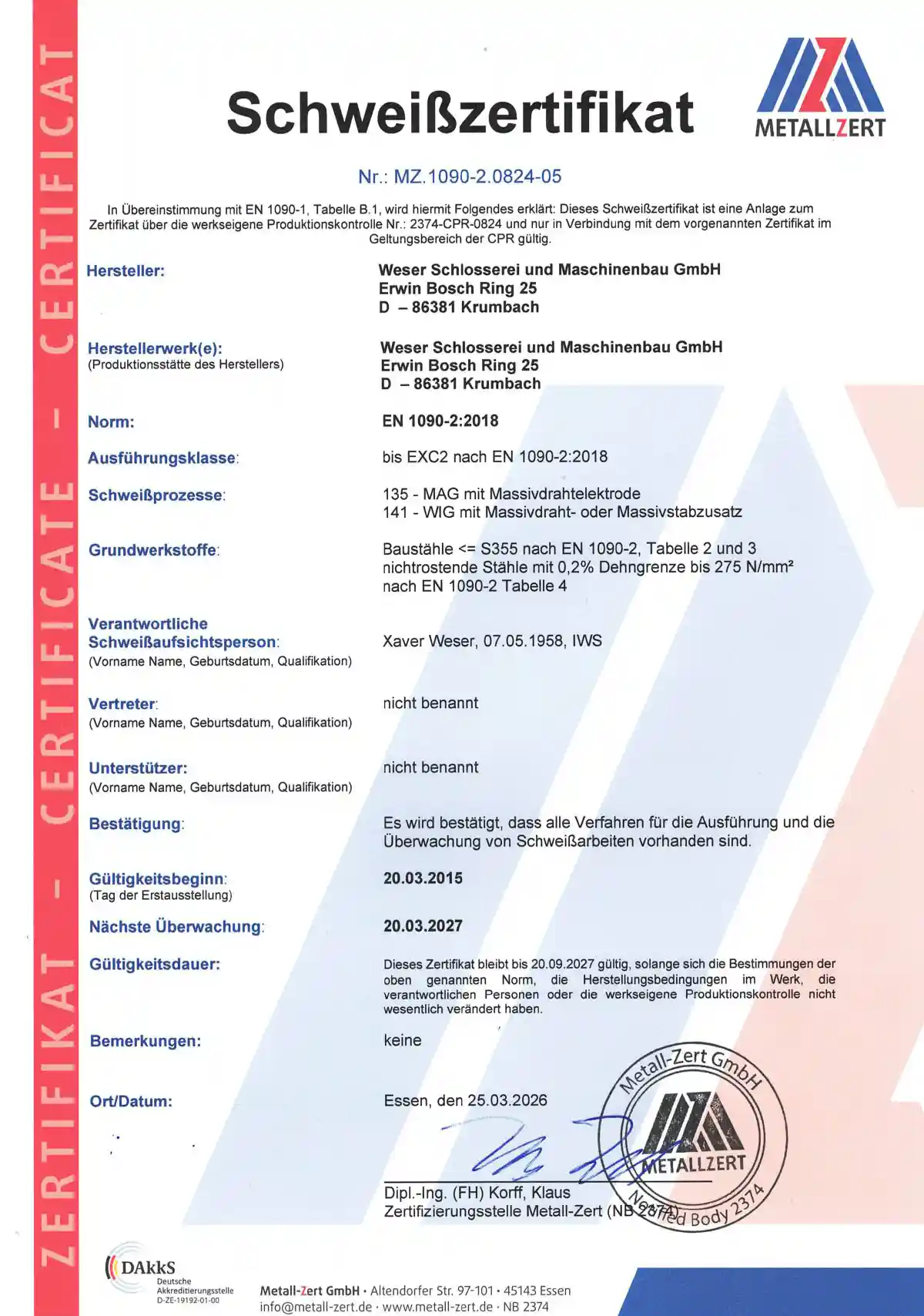 Schweißzertifikat-EN1090-2